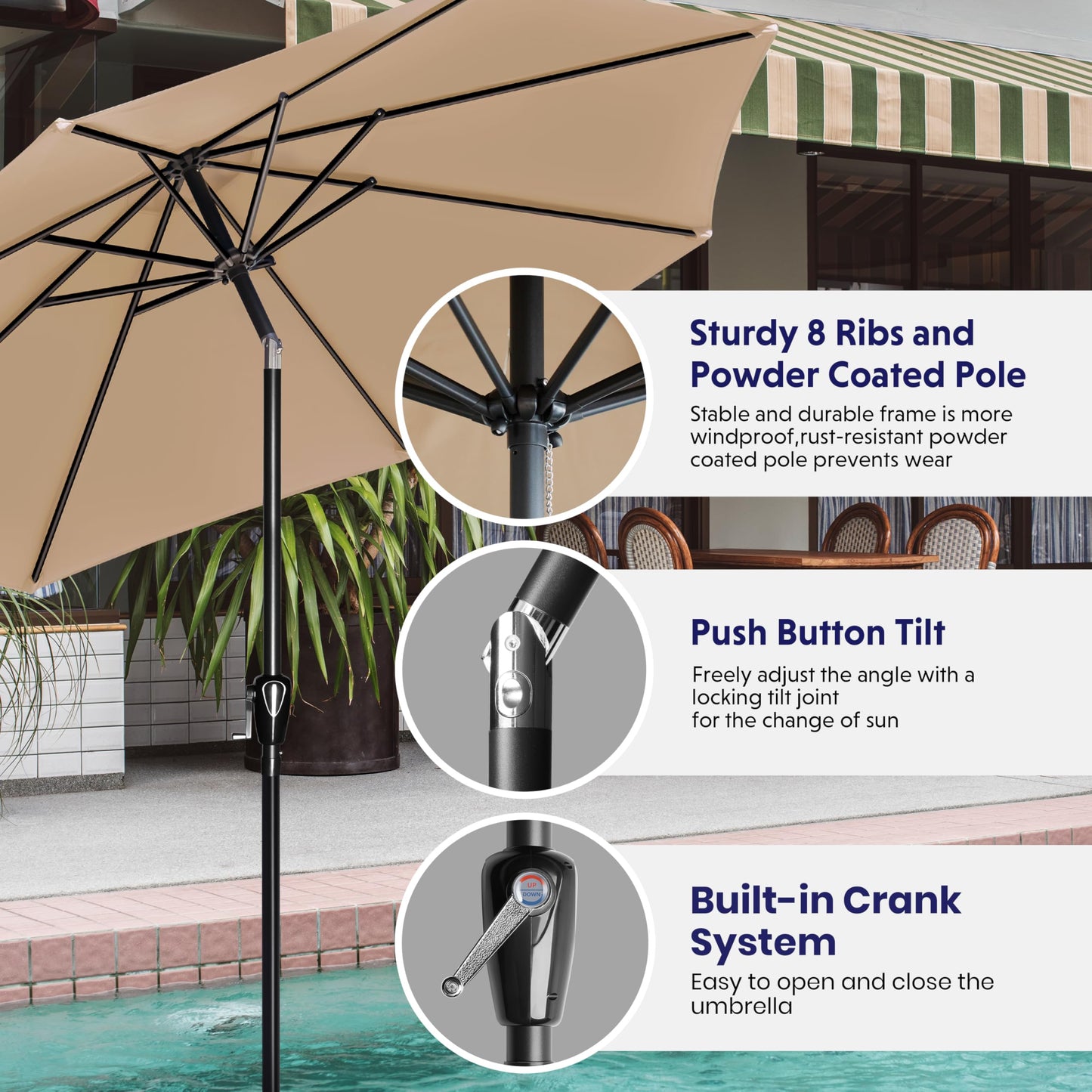 iPower 9ft Patio Umbrella Outdoor Table Umbrellas with 8 Sturdy Ribs, Push Button Tilt and Crank for Yard, Pool and Garden