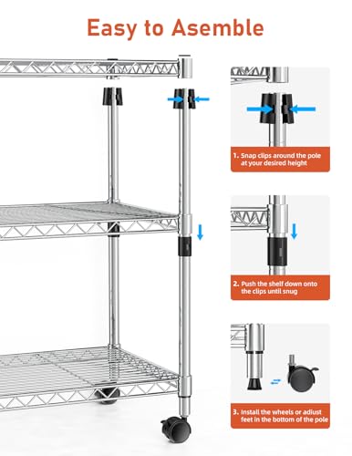 3-Tier Heavy Duty Foldable Metal Rack Storage Shelving Unit with Wheels Moving Easily Organizer Shelves Great for Garage Kitchen Holds up to 750 lbs Capacity, Black