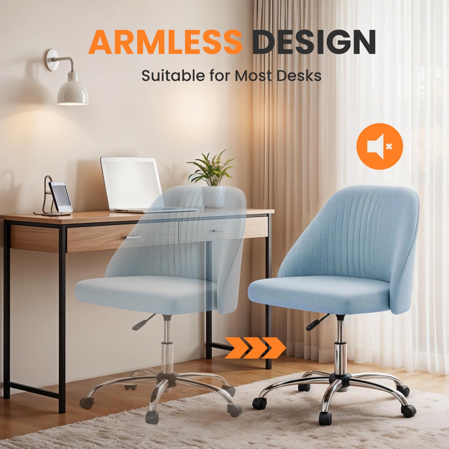 Simple Deluxe Armless Office Desk Chair, Modern Cute Swivel Vanity Chair Comfy Home Office Chairs with Wheels Height Adjustable Rolling Computer Task Stools for Living Room, Make-up, Bedroom