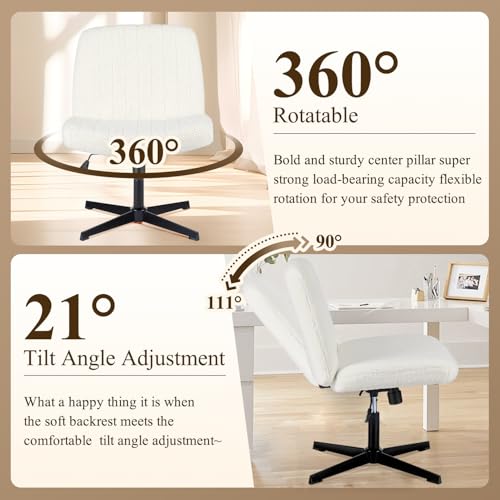 YSSOA Criss Cross Legged Chair with Back Office Desk Chair Fabric No Wheels Comfy Wide Vanity Chair Swivel Armless Height Adjustable Chair Computer Chair for Home