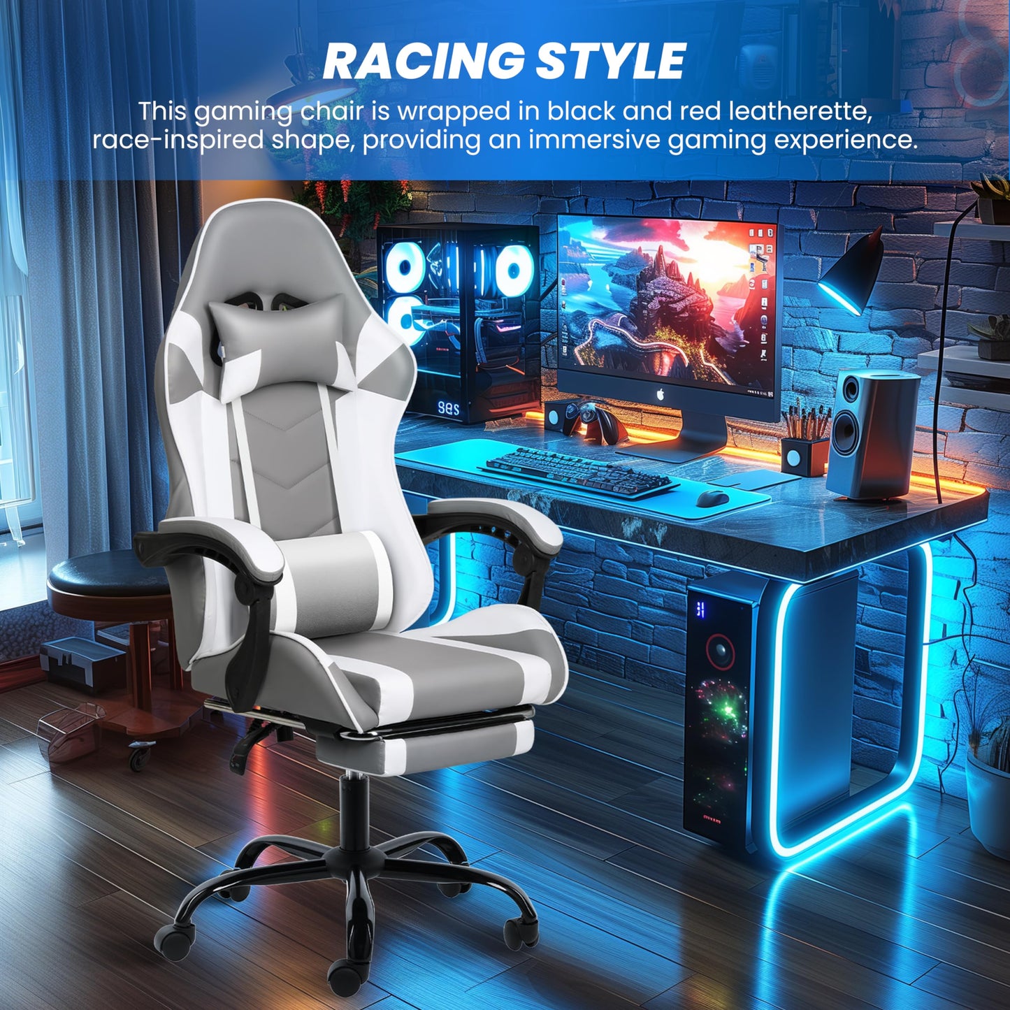 Gaming Chair, Backrest and Seat Height Adjustable Swivel Recliner Racing Office Computer Ergonomic Video Game Chair with Footrest and Lumbar Support