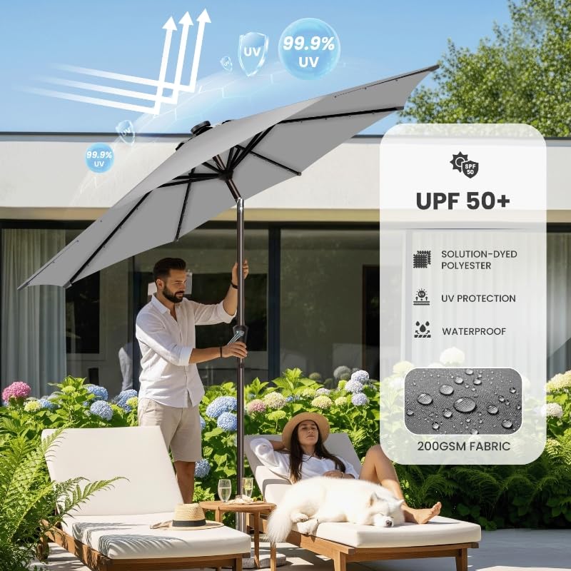 Simple Deluxe 9' Solar Patio Umbrella 32 LED Lighted Table Market Umbrellas with Push Button Tilt/Crank Outdoor Umbrella for Garden, Deck, Backyard and Pool