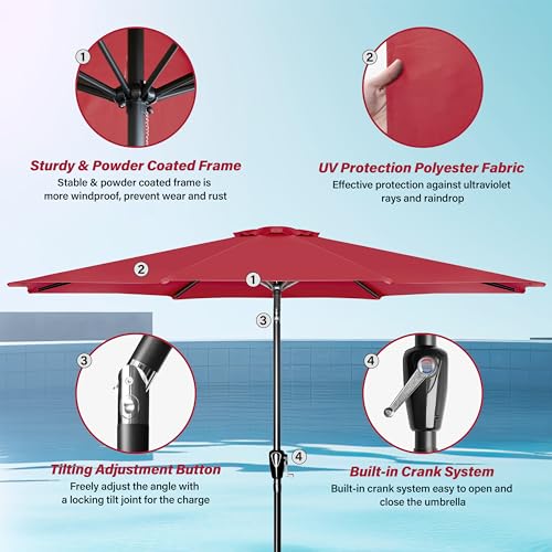 YSSOA 9ft/10ft Outdoor Market Patio Umbrella with 8 Sturdy Ribs, Tilt/Crank Push Button for Garden, Deck, Backyard and Pool