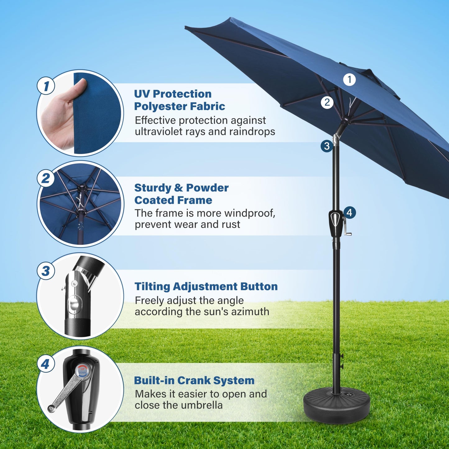HealSmart 7.5ft Patio Umbrella with Push Button Tilt/Crank, Outdoor Table Market Yard Umbrella, 6 Sturdy Ribs for Garden, Deck, Backyard, Pool