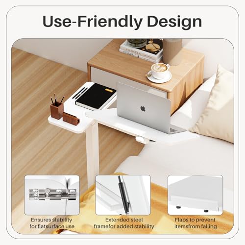 Overbed Bedside Table with Hidden Casters, Adjustable Hospital & Home Use Bed Table, Rolling Laptop Table, Movable Standing Desk