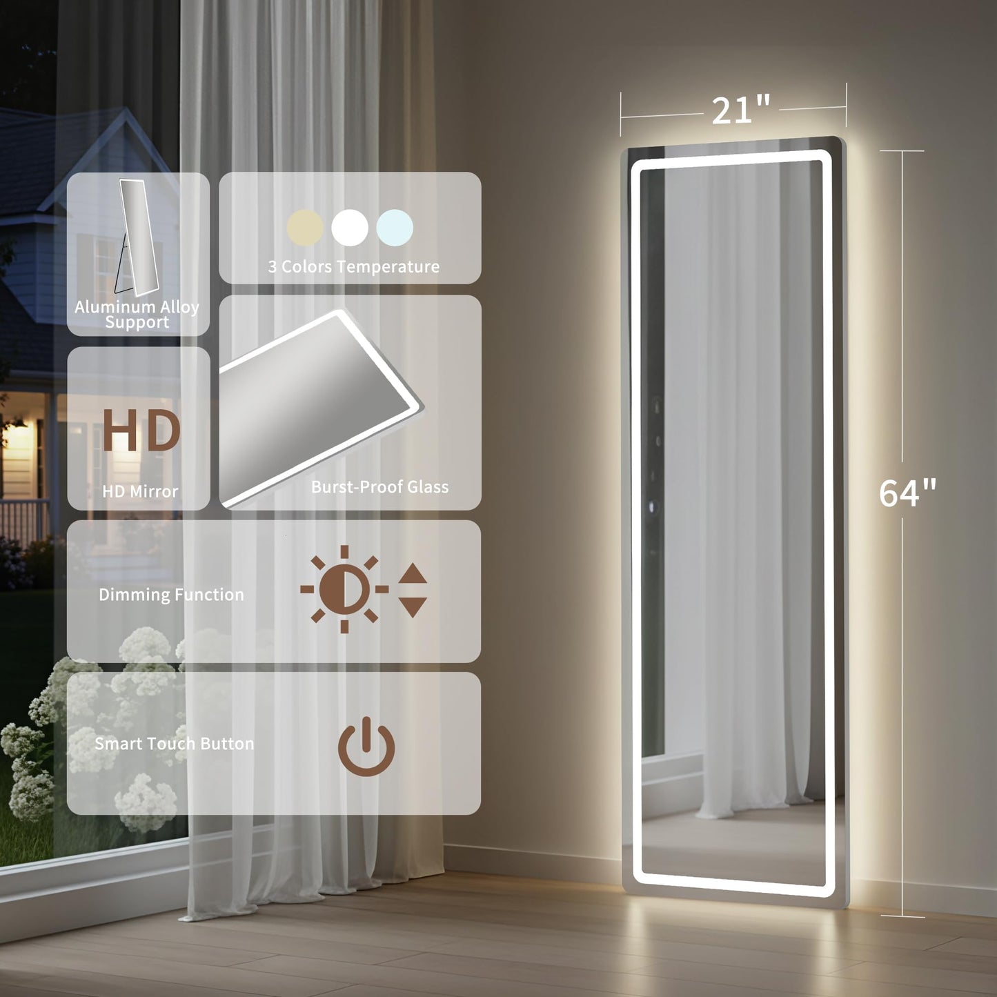 Full Length Mirror with LED Lights, Floor Mirror with Dimming & 3 Color Lighting, Free Standing Floor Mirrors