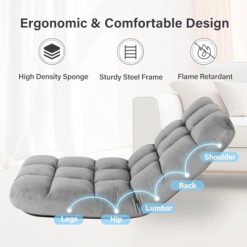 YSSOA Floor Chair with Back Support Meditation Chair 14 Adjustable Position Folding Sofa Seat, Flame Retardant Sponge Padded Sleeper Bed Suit for Gaming Working Yoga, Grey