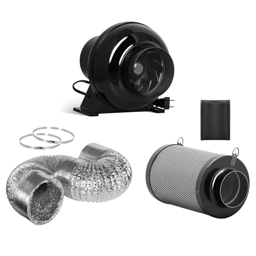 iPower 4 Inch Inline Fan, Air Carbon Filter, 8 Feet Aluminum 4 Layer Protection Ducting and Rope Hanger, Temperature Humidity Monitor, Combo for Grow Tent, Greenhouse, Kitchen, Basement