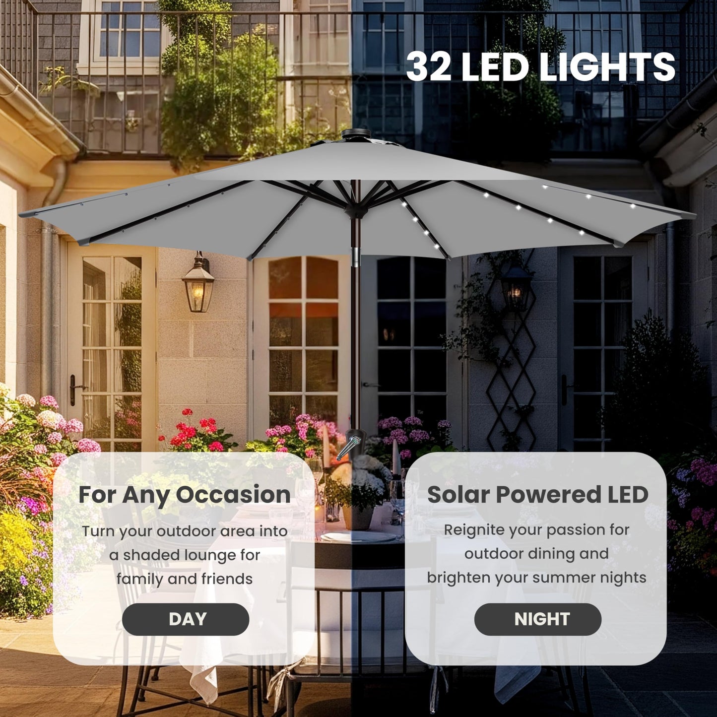 Simple Deluxe 9' Solar Patio Umbrella 32 LED Lighted Table Market Umbrellas with Push Button Tilt/Crank Outdoor Umbrella for Garden, Deck, Backyard and Pool