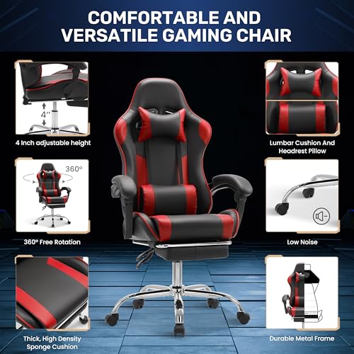 Simple Deluxe Video Gaming Chair with Footrest and Lumbar Support, Ergonomic PU Leather Computer Chair, 360° Swivel - Height Adjustable Game Chair for Office/Gaming(Black Red)