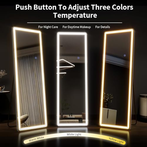 Full Length Mirror with LED Lights, 60"x16" LED Floor Mirror with Dimming & 3 Color Lighting, Free Standing LED Floor Mirror, Lighted Full Body Mirror for Bedroom, Dressing Room, Cloakroom