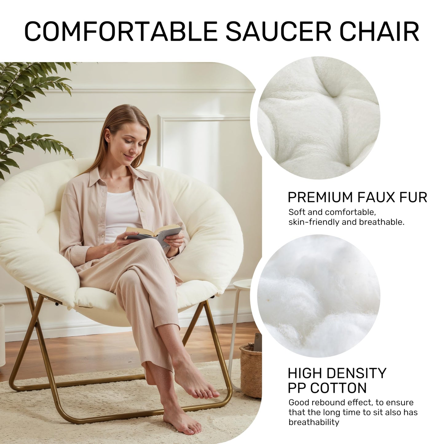 Saucer Chair Comfy Faux Fur, Folding Moon Chair with Metal Frame, Cozy Round Chair, Lounge Lazy Chair for Living Room Bedroom Adults Kids Teens