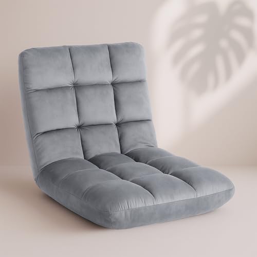 YSSOA Floor Chair with Back Support Meditation Chair, Folding Sofa Seat with 14 Adjustable Position, Flame Retardant Sponge Padded Sleeper Bed Suit for Gaming Working Yoga for Adults Kids, Grey