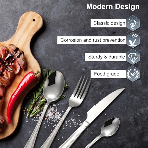 48-Piece Flatware Set, Stainless Steel Flatware Set Service for 6，Tableware Cutlery Set for Home Restaurant Party, Dinner Forks/Spoons/Knives, Square Edge & Mirror Polished, Dishwasher Safe