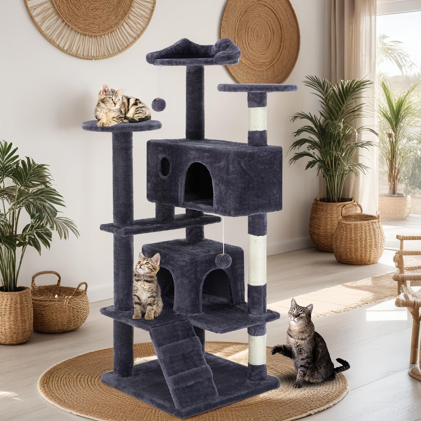 54 Inches Cat Tree Tower Condo Furniture, Cat Tower with Scratching Post, Multi-Level Climbing Tree Cat House Padded Plush Perch, Kittens Pet Play House