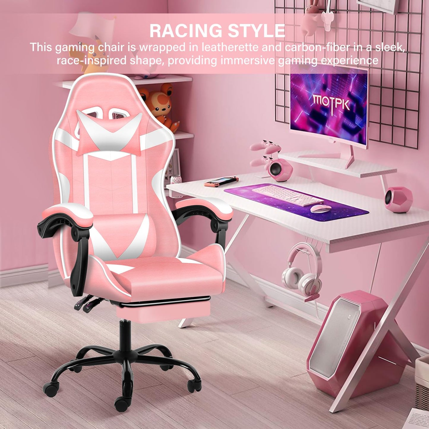 Gaming Chair, Backrest and Seat Height Adjustable Swivel Recliner Racing Office Computer Ergonomic Video Game Chair with Footrest and Lumbar Support