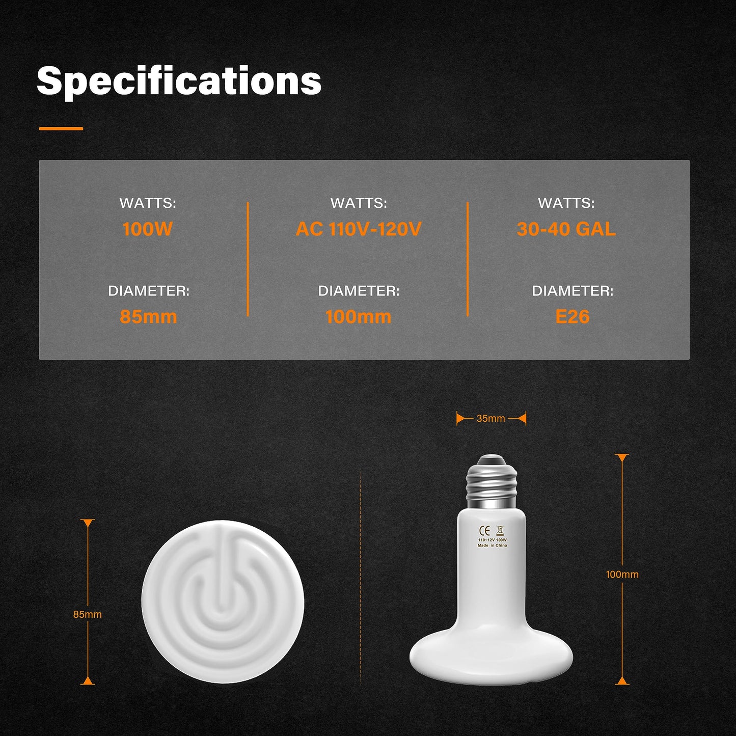YSSOA 100W Ceramic Heat Emitter, Reptile Heat Bulbs, Ceramic Heat Lamp for Reptiles, Amphibian, Chicken, Dog, Cat, 1 Pack, Black