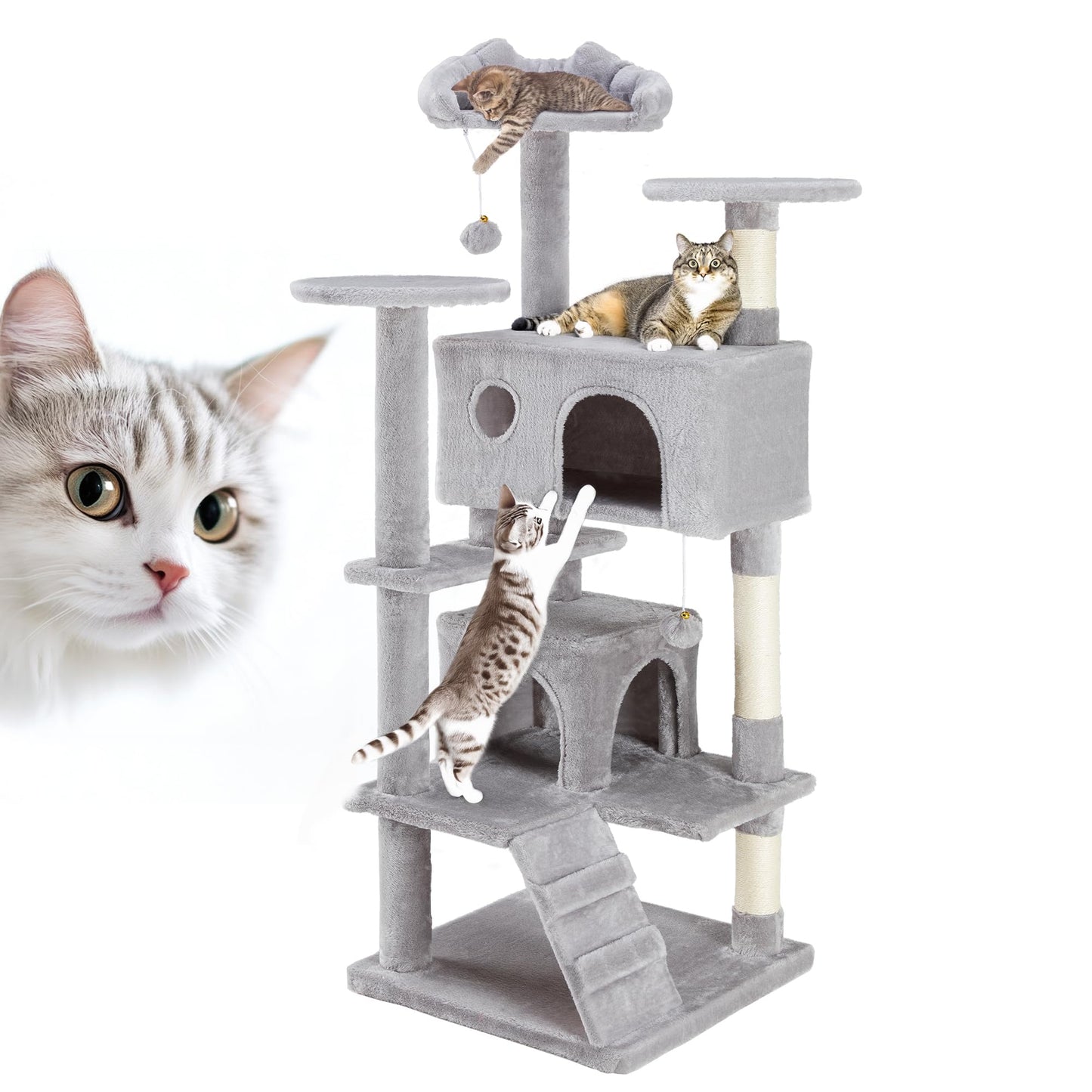 54 Inches Cat Tree Tower Condo Furniture, Cat Tower with Scratching Post, Multi-Level Climbing Tree Cat House Padded Plush Perch, Kittens Pet Play House