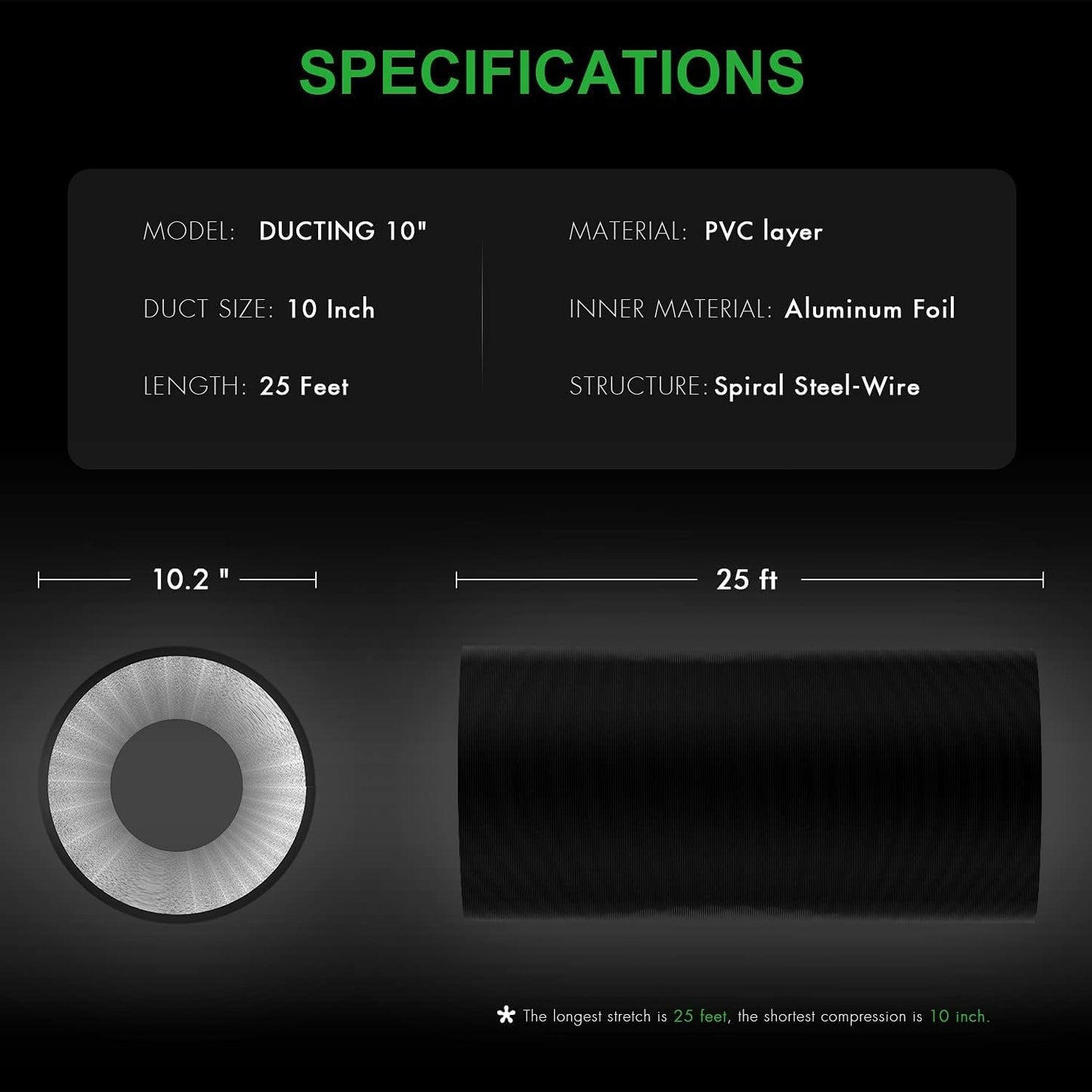 iPower Flexible 6 Inch 8 Feet Aluminum Ducting 4 Layer Protection Dryer Vent Hose for HVAC Heating Cooling Exhaust and Ventilation, 2 Clamps Included, Black