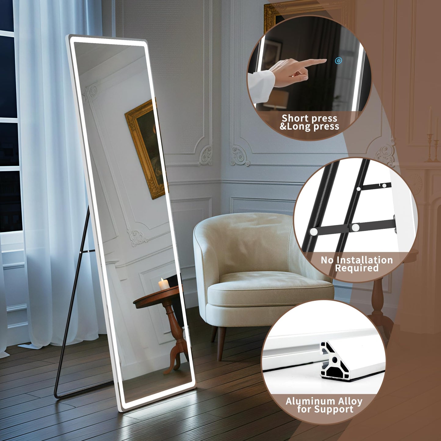 Full Length Mirror with LED Lights, Floor Mirror with Dimming & 3 Color Lighting, Free Standing Floor Mirrors