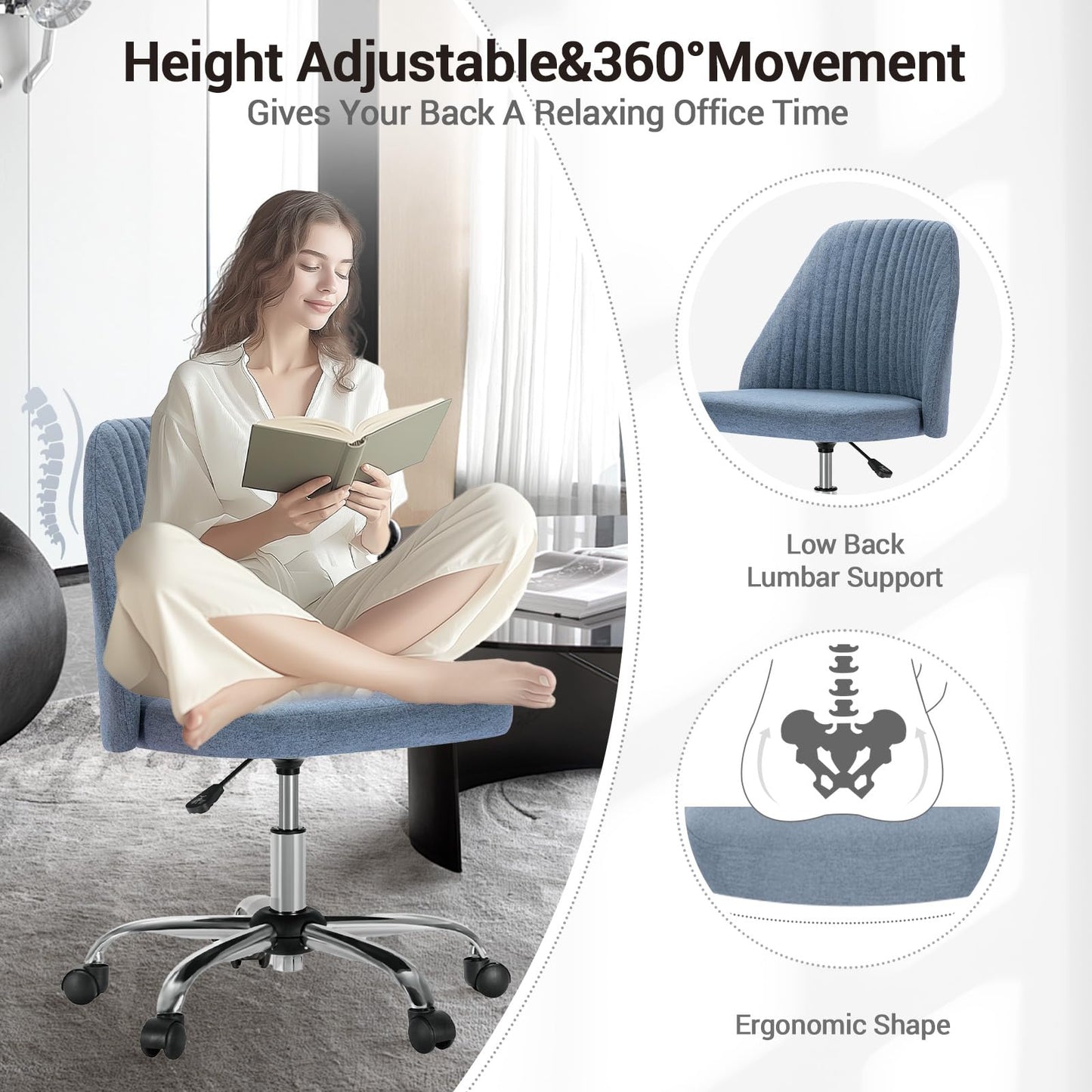 YSSOA Office Desk Chair with Back and Wheels Computer Fabric Chair Armless Adjustable Height Comfy Vanity Chair with Swivel Rolling Home Chairs for Bedroom Adult Blue