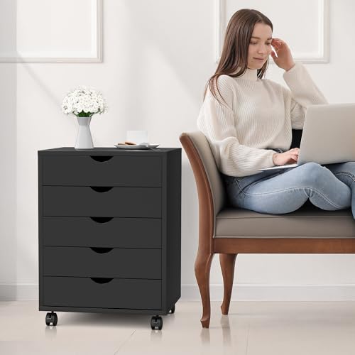 5 Drawer Chest, Storage Cabinet Dressers with Wheels, Dressers Storage Cabinets, Dresser Mobile Cabinet with Wheels, Room Organizer, Drawers Wood Organization Furniture for Office, Home, White
