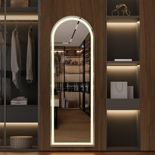 Arched Full Length Mirror with LED Lights, 60"x16" LED Floor Mirror with Stand, Body Floor Mirror with Dimming & 3 Color Lighting, Wall Mounted LED Mirror for Bedroom, Dressing Room, Cloakroom