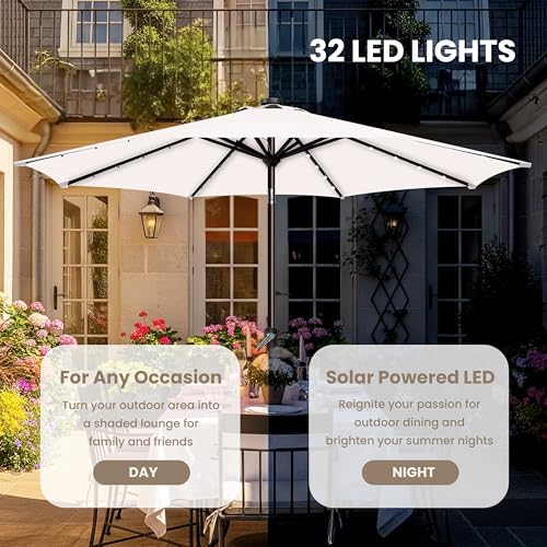 Simple Deluxe 9' Solar Patio Umbrella 32 LED Lighted Table Market Umbrellas with Push Button Tilt/Crank Outdoor Umbrella for Garden, Deck, Backyard and Pool
