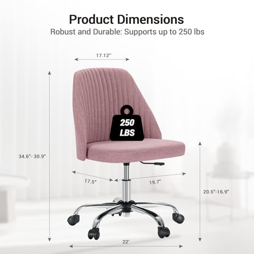 Simple Deluxe Office Desk Chair with Back and Wheels Computer Fabric Chair Armless Adjustable Height Comfy Vanity Chair with Swivel Rolling Home Chairs for Bedroom Adult