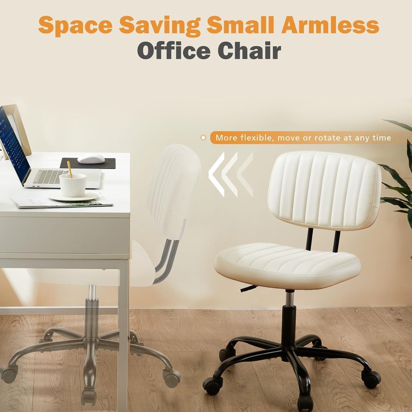 YSSOA Small Desk Chair with Wheels, Armless Office Chair No Arms, Comfy PU Leather Computer Task Chair Swivel Rolling Chairs for Small Space, Home, Adults, Students, Black