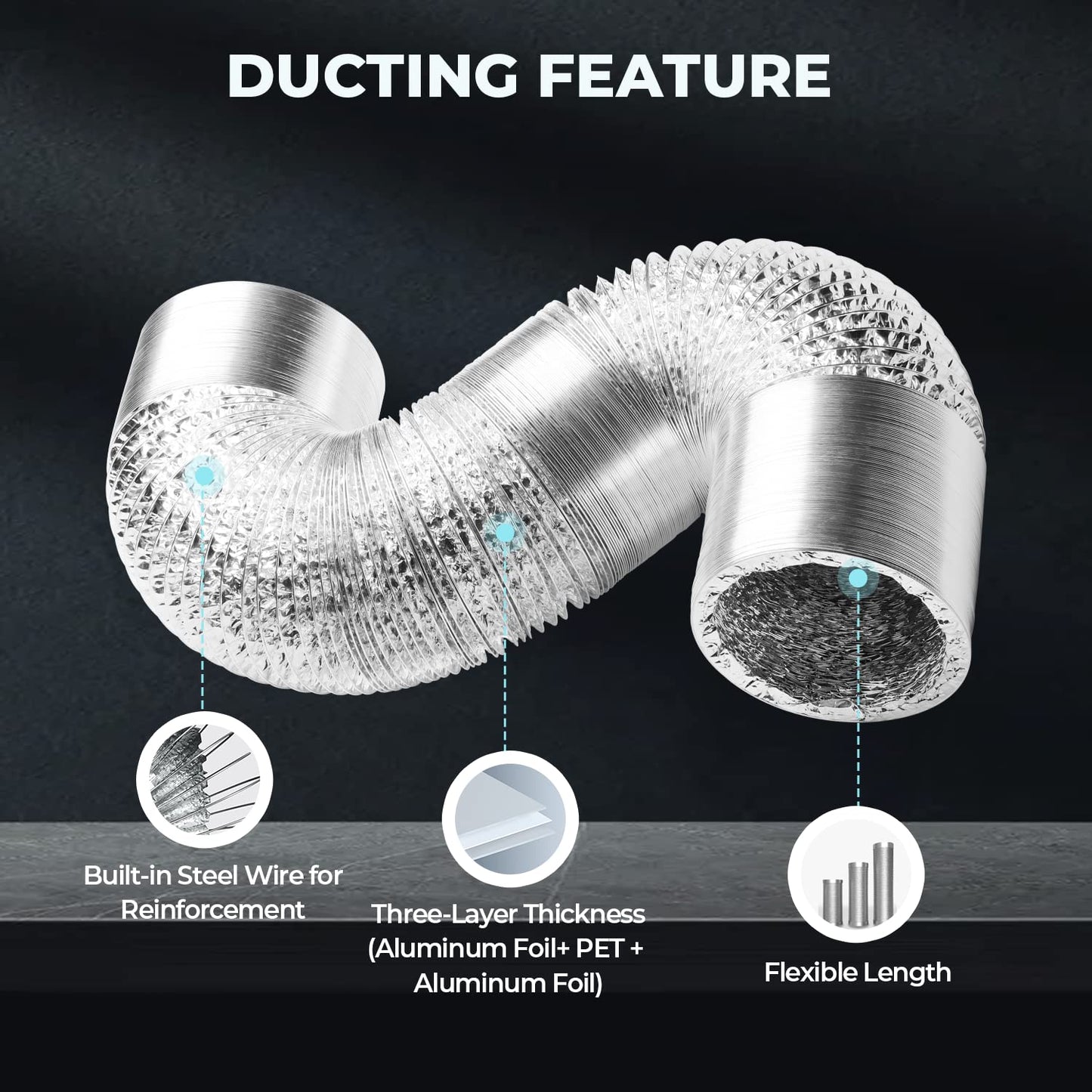 iPower Flexible 6 Inch 8 Feet Aluminum Ducting 4 Layer Protection Dryer Vent Hose for HVAC Heating Cooling Exhaust and Ventilation, 2 Clamps Included, Black