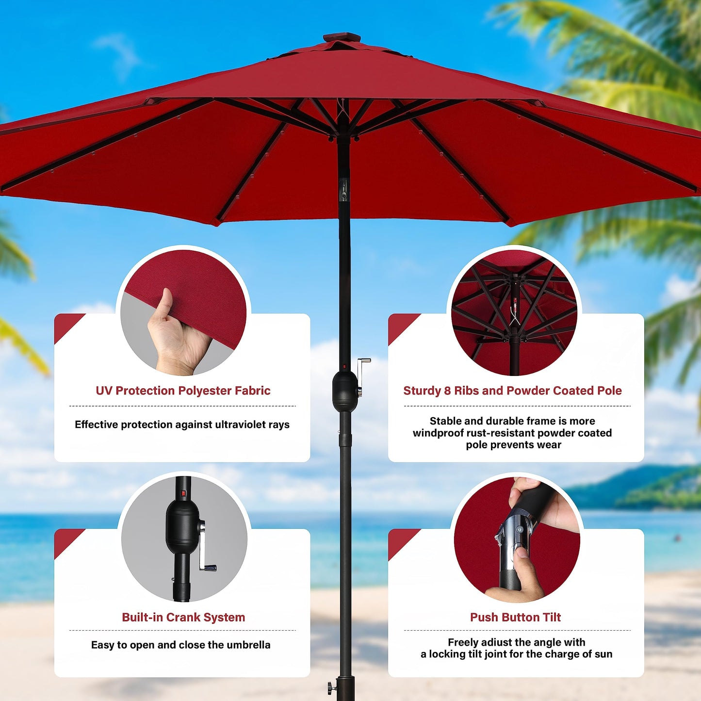 YSSOA 9ft/10ft Outdoor Market Patio Umbrella with 8 Sturdy Ribs, Tilt/Crank Push Button for Garden, Deck, Backyard and Pool