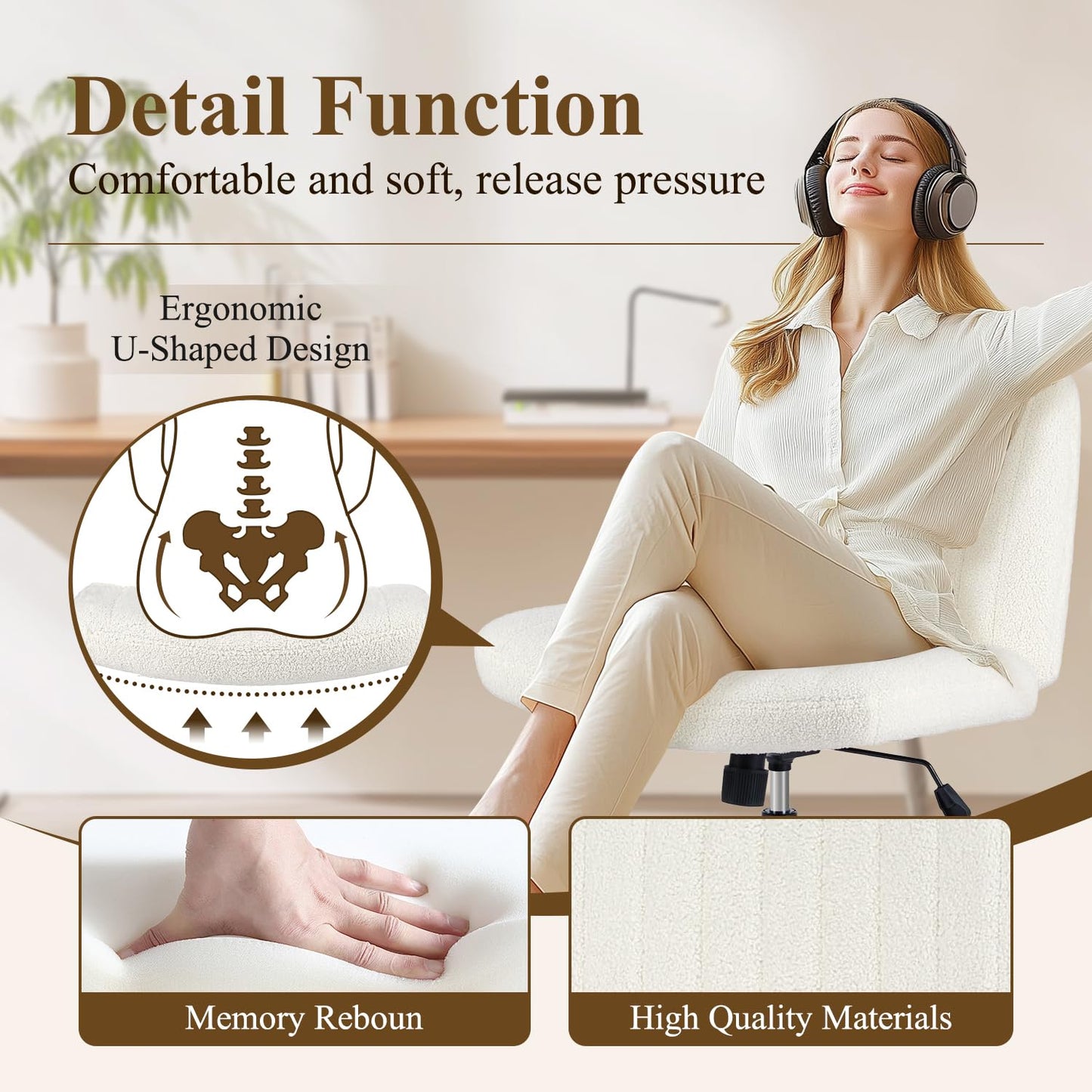 YSSOA Criss Cross Legged Chair with Back Office Desk Chair Fabric No Wheels Comfy Wide Vanity Chair Swivel Armless Height Adjustable Chair Computer Chair for Home
