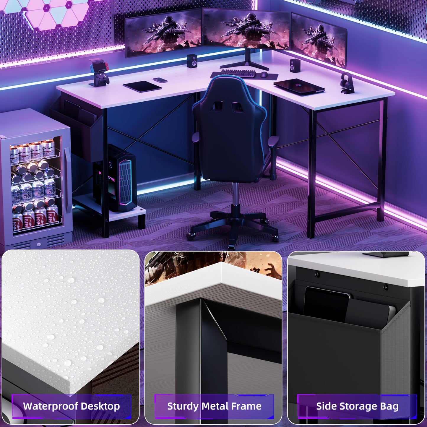 YSSOA 50" L Shaped Gaming Desk with Reversible Corner - Home Office Computer Desk with Wood Top, Metal Frame, CPU Stand & Storage Bag for Small Space, Gaming Room