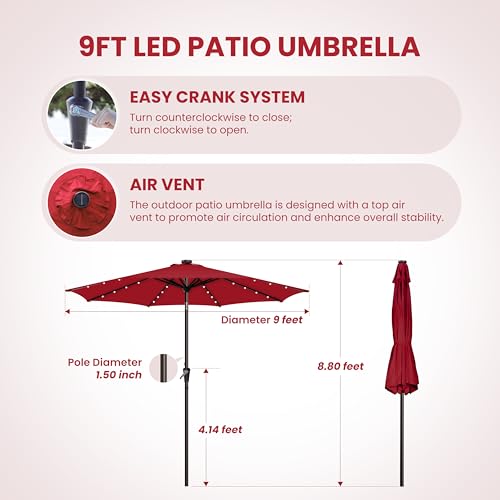 Simple Deluxe 9' Solar Patio Umbrella 32 LED Lighted Table Market Umbrellas with Push Button Tilt/Crank Outdoor Umbrella for Garden, Deck, Backyard and Pool