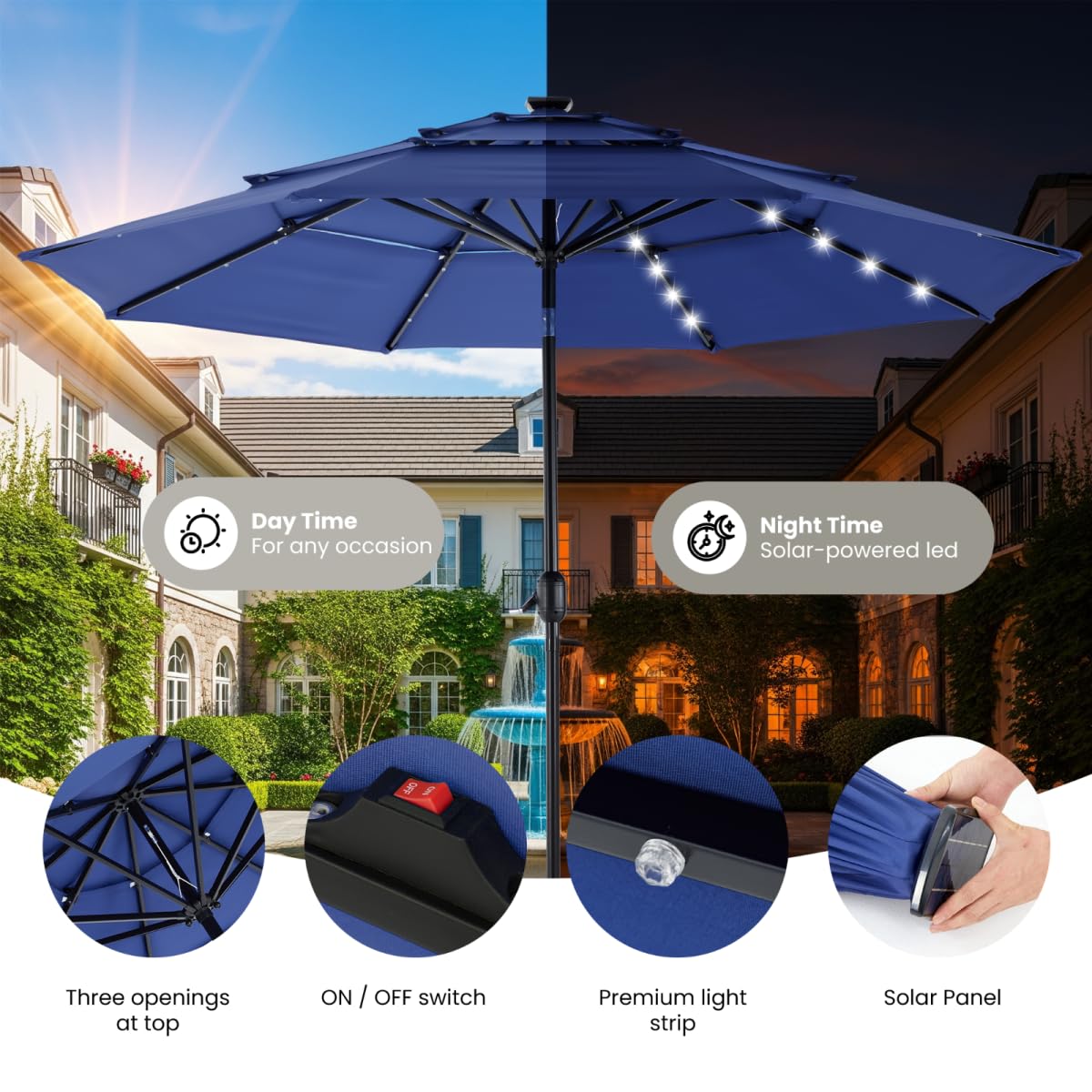 Simple Deluxe 10' 3-Tiers Solar Patio Umbrella 32 LED Lighted Table Market Umbrellas with Push Button Tilt/Crank Outdoor Umbrella for Garden, Deck, Backyard and Pool