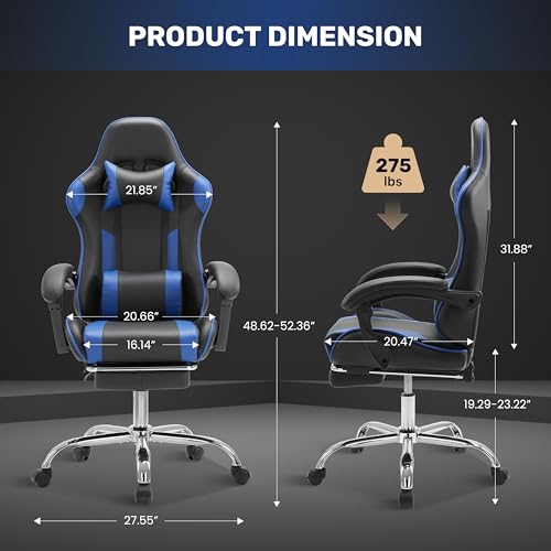 Simple Deluxe Video Gaming Chair with Footrest and Lumbar Support, Ergonomic PU Leather Computer Chair, 360° Swivel - Height Adjustable Game Chair for Office/Gaming(Black Blue)