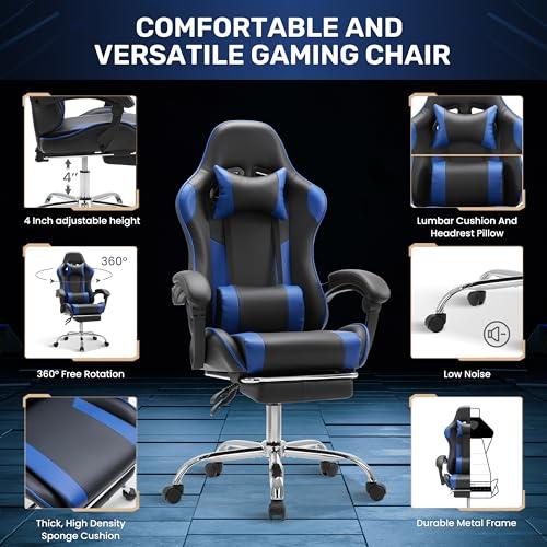 Simple Deluxe Video Gaming Chair with Footrest and Lumbar Support, Ergonomic PU Leather Computer Chair, 360° Swivel - Height Adjustable Game Chair for Office/Gaming(Black Blue)
