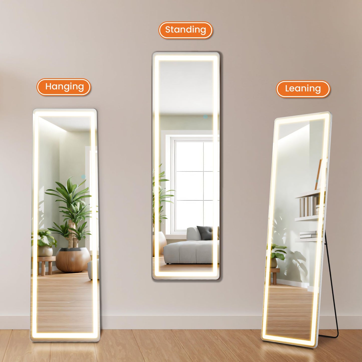 64"x21" Full Length Mirror with LED Lights, LED Lights Hanging Mounted Mirror, Aluminum Frame LED Mirrors with Dimming & 3 Color Lighting, Lighted Full Body Mirrors for Bedroom, Dressing Room