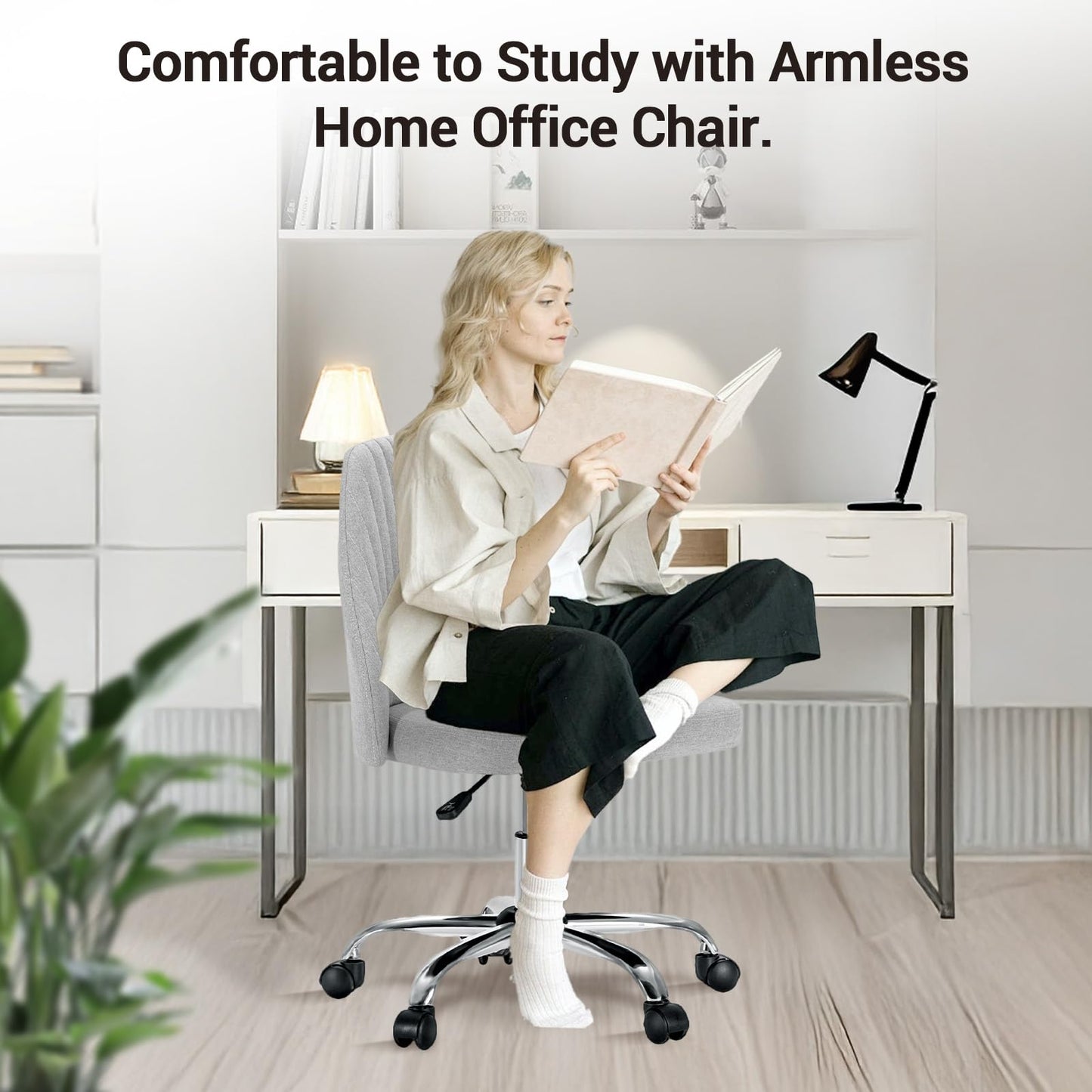 Simple Deluxe Office Desk Chair with Back and Wheels Computer Fabric Chair Armless Adjustable Height Comfy Vanity Chair with Swivel Rolling Home Chairs for Bedroom Adult
