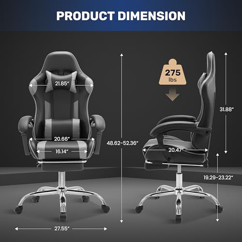 Simple Deluxe Video Gaming Chair with Footrest and Lumbar Support, Ergonomic PU Leather Computer Chair, 360° Swivel - Height Adjustable Game Chair for Office/Gaming(Black/Grey)