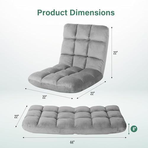 YSSOA Folding Floor Chair with Back Support Convertible Comfy Chair Recliner Memory Foam Padded Sleeper Sofa Chair for Bedroom Gaming Working Meditation Reading Adults Kids Grey