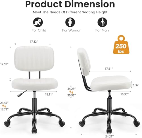 HealSmart Small Office Desk Chair with Wheels, Armless Desk Chair with Lumbar Support, PU Leather Low Back Adjustable Height 360° Rolling Swivel Task Chair Without Arm for Home, Bedroom,Office