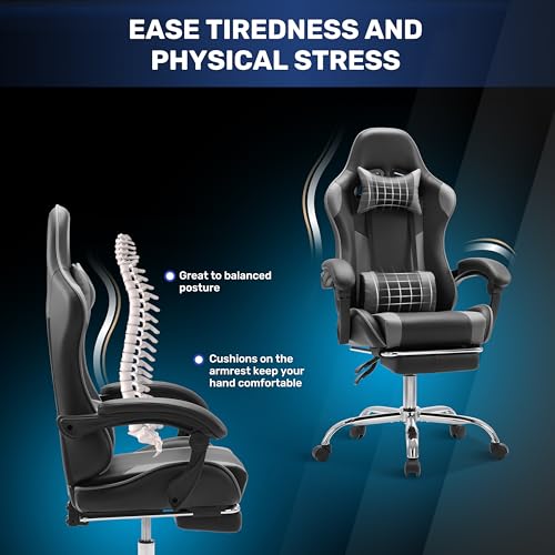 Simple Deluxe Video Gaming Chair with Footrest and Lumbar Support, Ergonomic PU Leather Computer Chair, 360° Swivel - Height Adjustable Game Chair for Office/Gaming(Black/Grey)