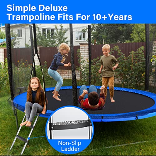 Simple Deluxe Trampoline for Kids with Safety Enclosure Net Wind Stakes 400LBS Weight Capacity 12FT Recreational Trampolines with Ladder Blue Outside Net