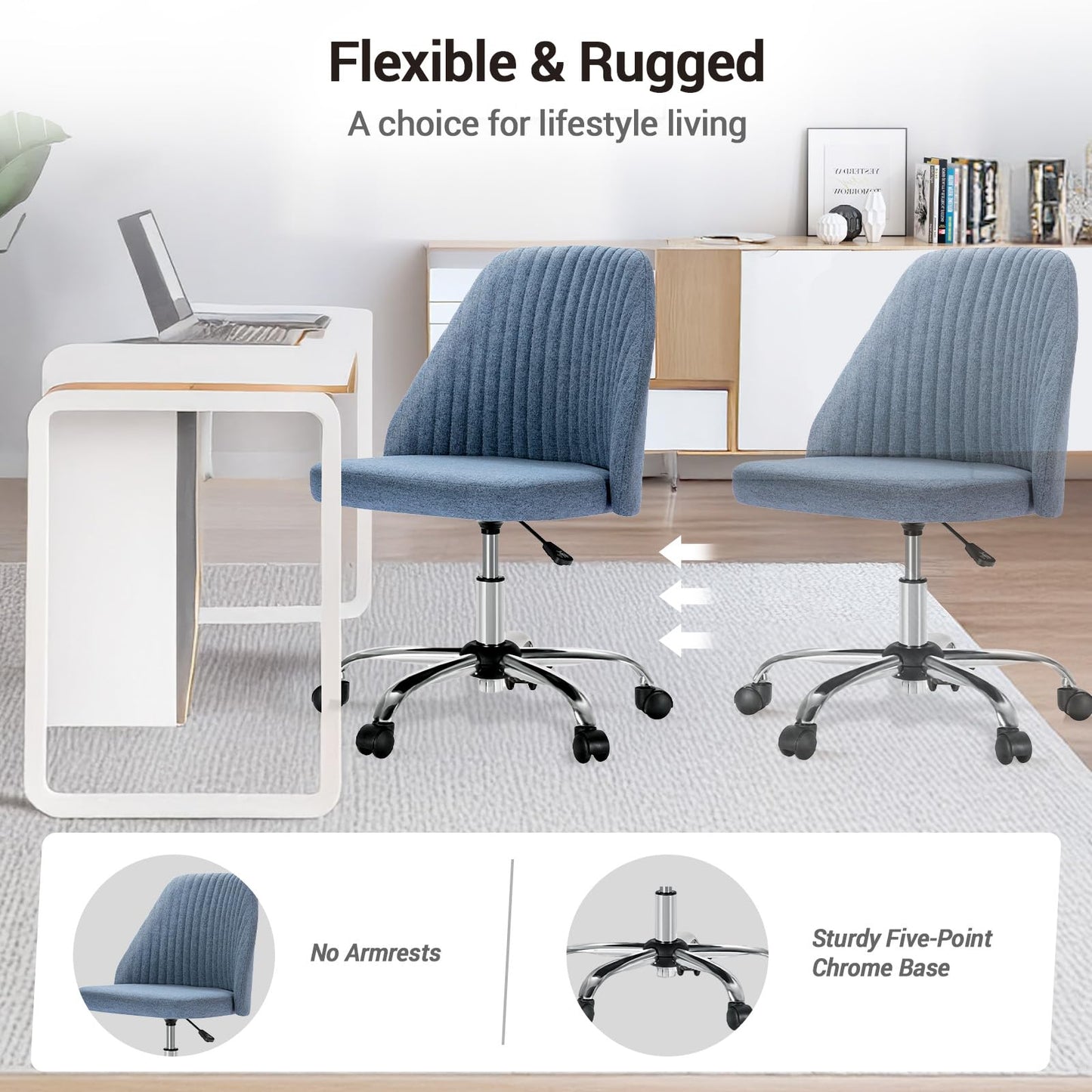 Simple Deluxe Office Desk Chair with Back and Wheels Computer Fabric Chair Armless Adjustable Height Comfy Vanity Chair with Swivel Rolling Home Chairs for Bedroom Adult