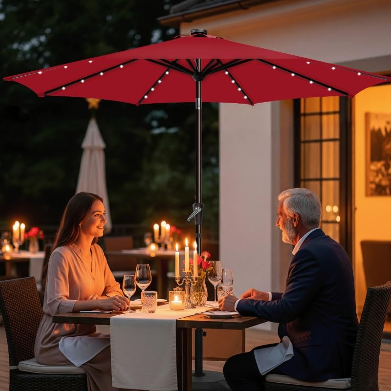 Simple Deluxe 9' Solar Patio Umbrella 32 LED Lighted Table Market Umbrellas with Push Button Tilt/Crank Outdoor Umbrella for Garden, Deck, Backyard and Pool