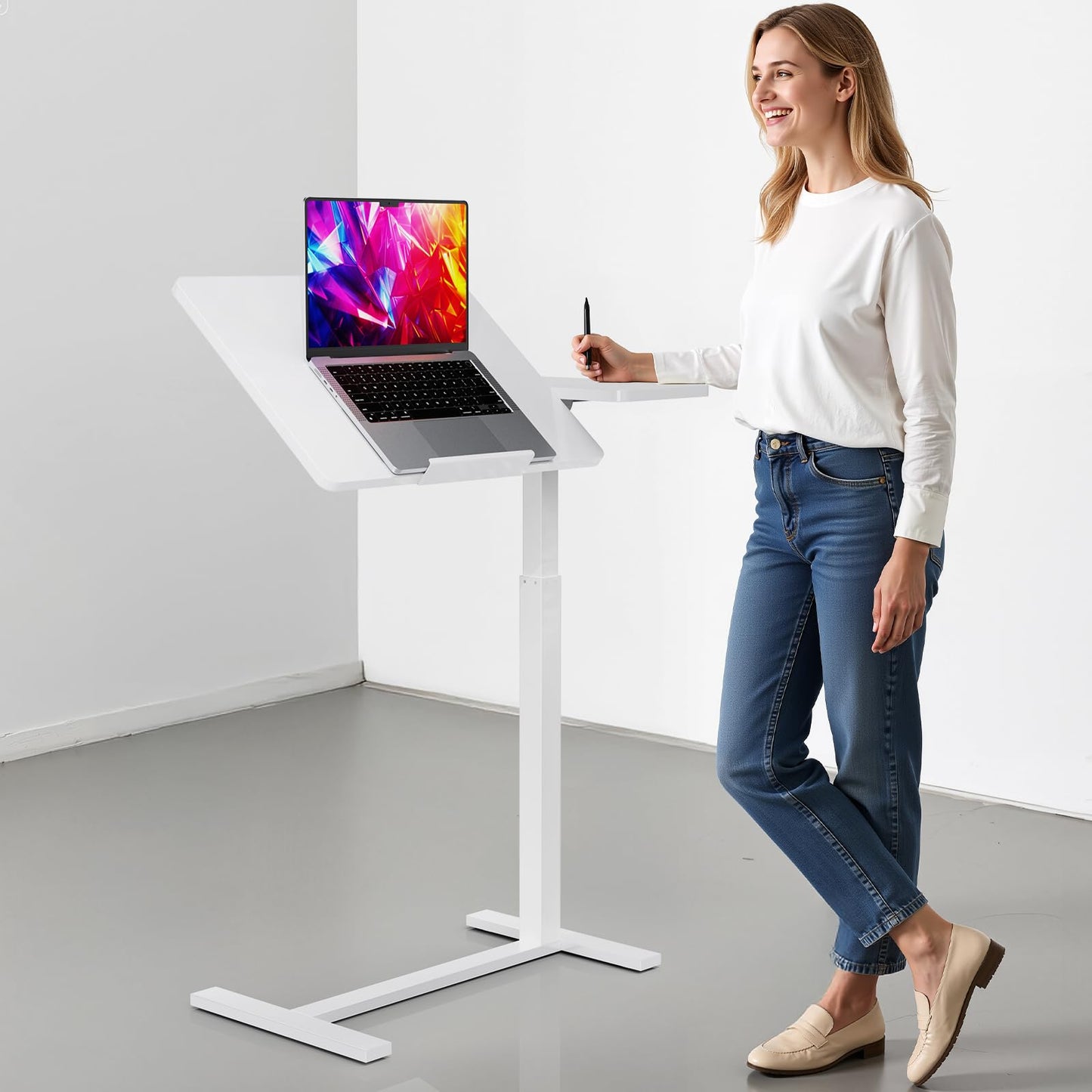 Simple Deluxe Adjustable Overbed Bedside Table with Wheels, Rolling Laptop Table, Pneumatic Adjustable Hospital & Home Use Bed Table, Mobile Standing Desk, Brown