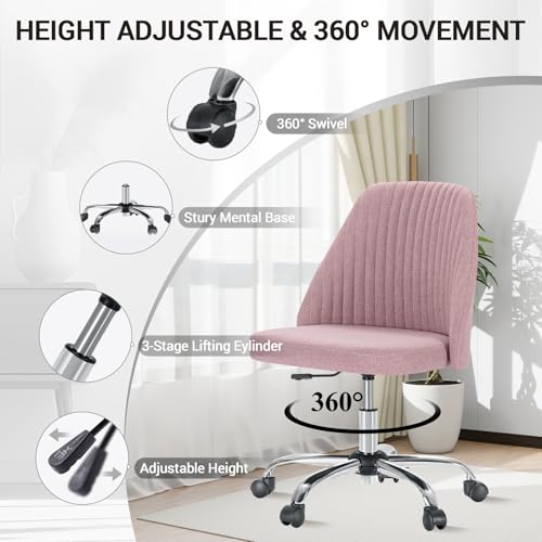 Simple Deluxe Office Desk Chair with Back and Wheels Computer Fabric Chair Armless Adjustable Height Comfy Vanity Chair with Swivel Rolling Home Chairs for Bedroom Adult
