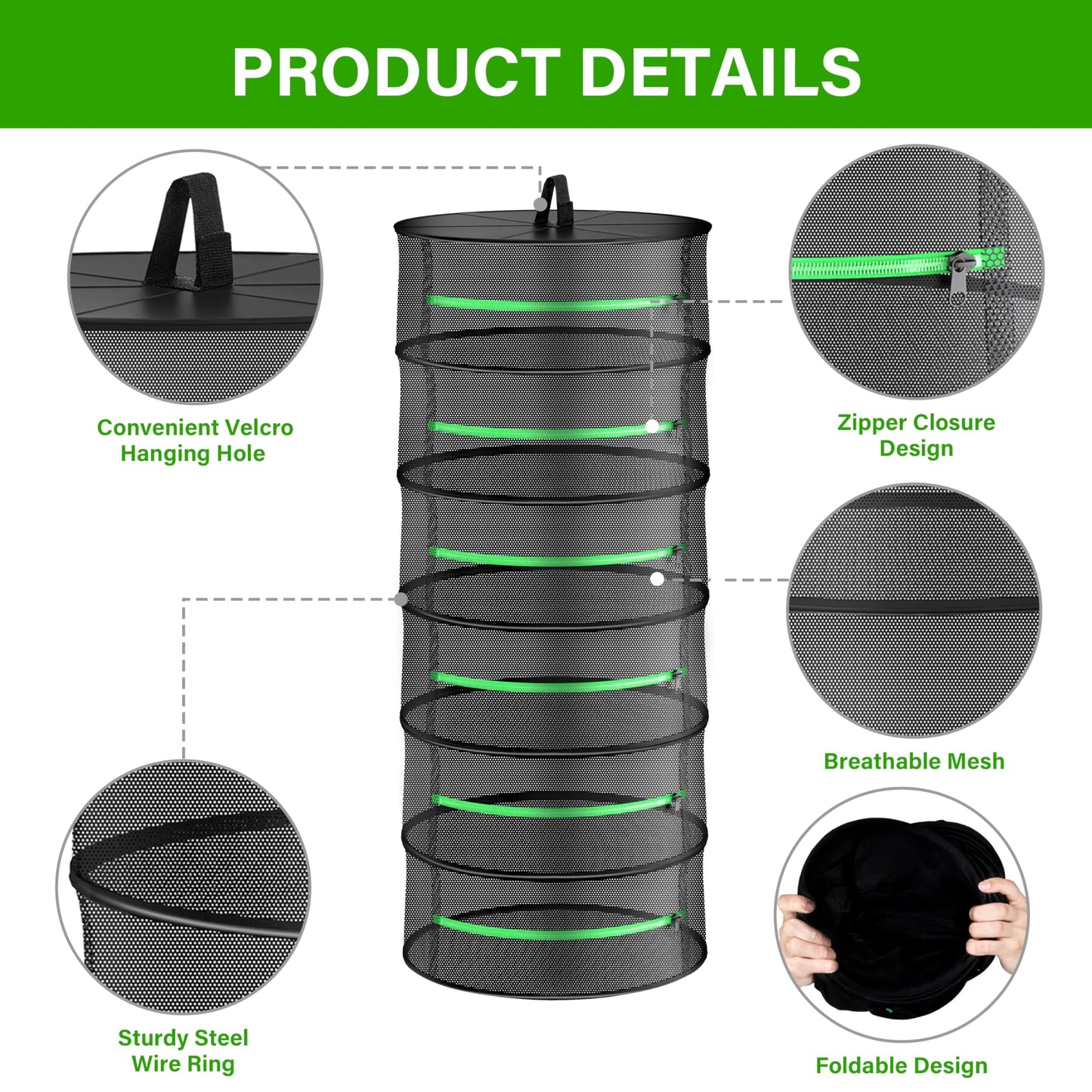 YSSOA 4 Layer 24'' Herb Drying Rack, Hanging Dry Mesh Folding Basket Dryer with Detachable Design & Hook for Plants, Herbs, Seeds and Buds in Grow Tent, Closet, Hydroponics, Garden Outdoor